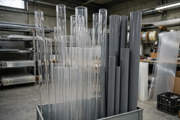 Clear acrylic and grey plastic tubes in a workshop