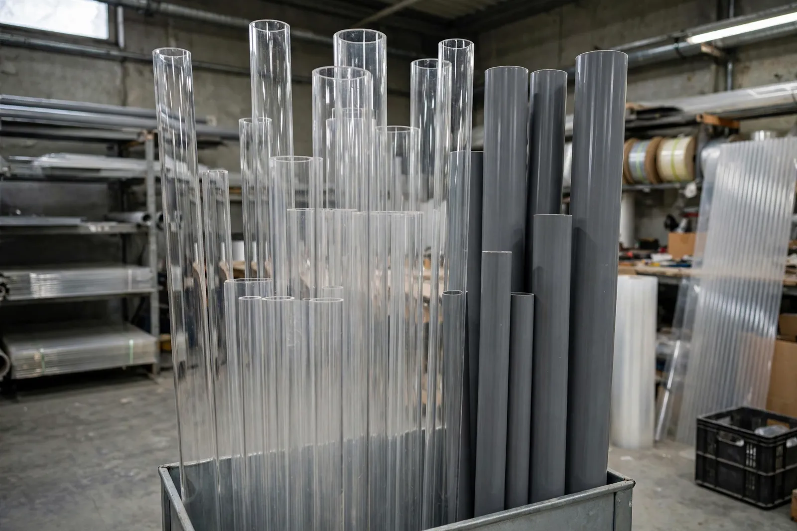 Clear acrylic and grey plastic tubes in a workshop