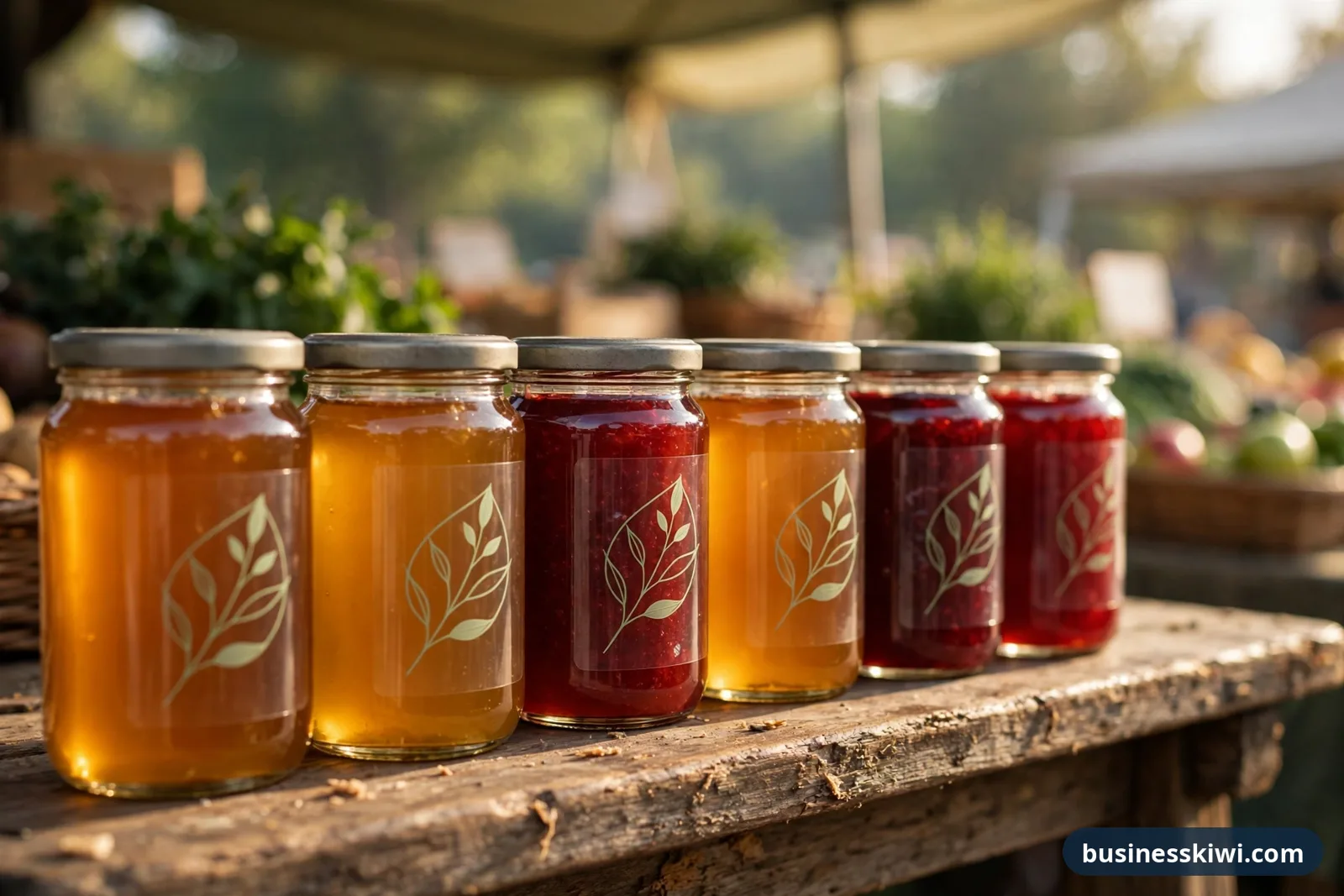 Glass jars of honey and berry preserves with clear labels on a wooden market stall bench, the product colours showing through the transparent labels