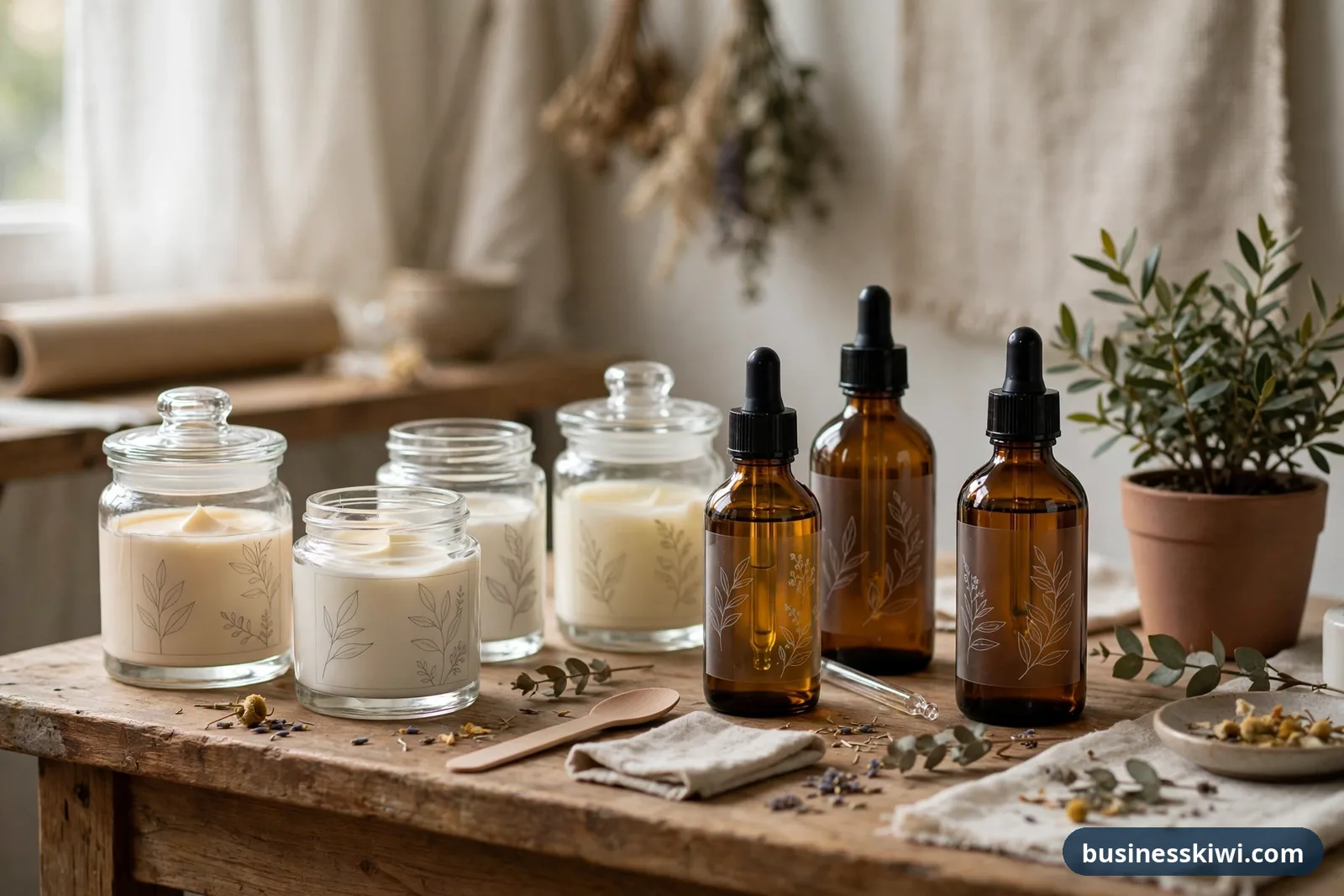 Clear glass cosmetic jars and amber dropper bottles with clear labels on a small skincare workshop bench, the creams and oils showing through the transparent labels