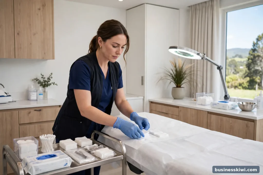 A cosmetic nurse preparing a treatment room