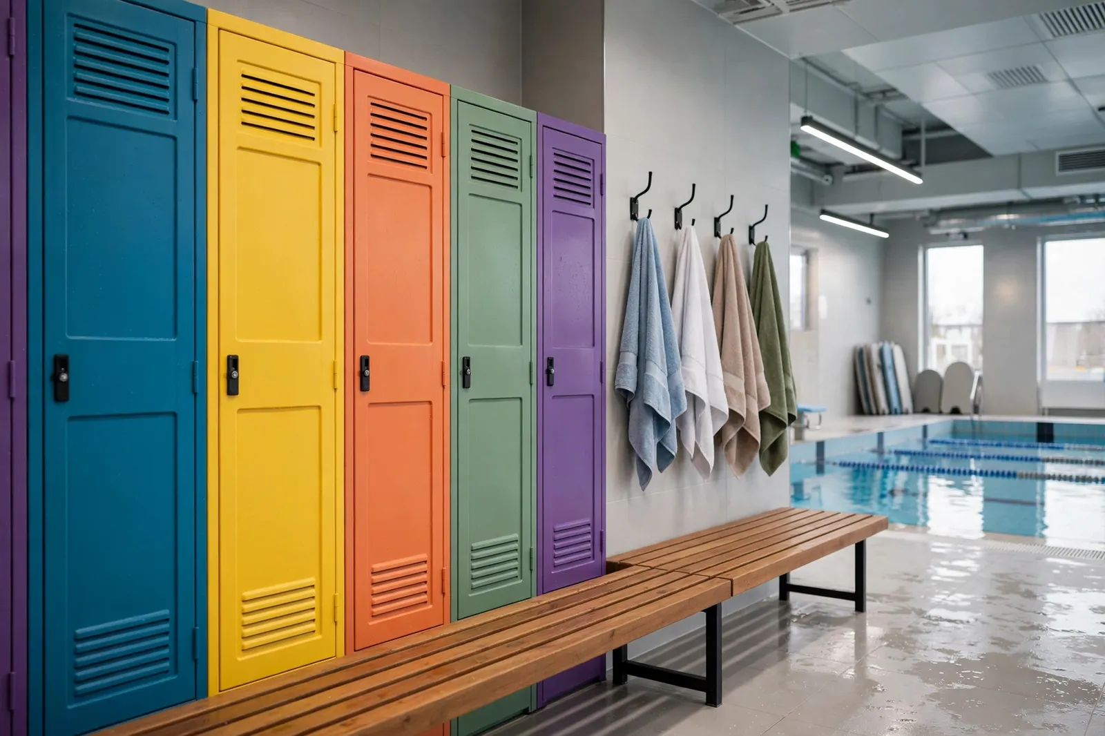 Colourful plastic lockers beside an indoor pool changing area