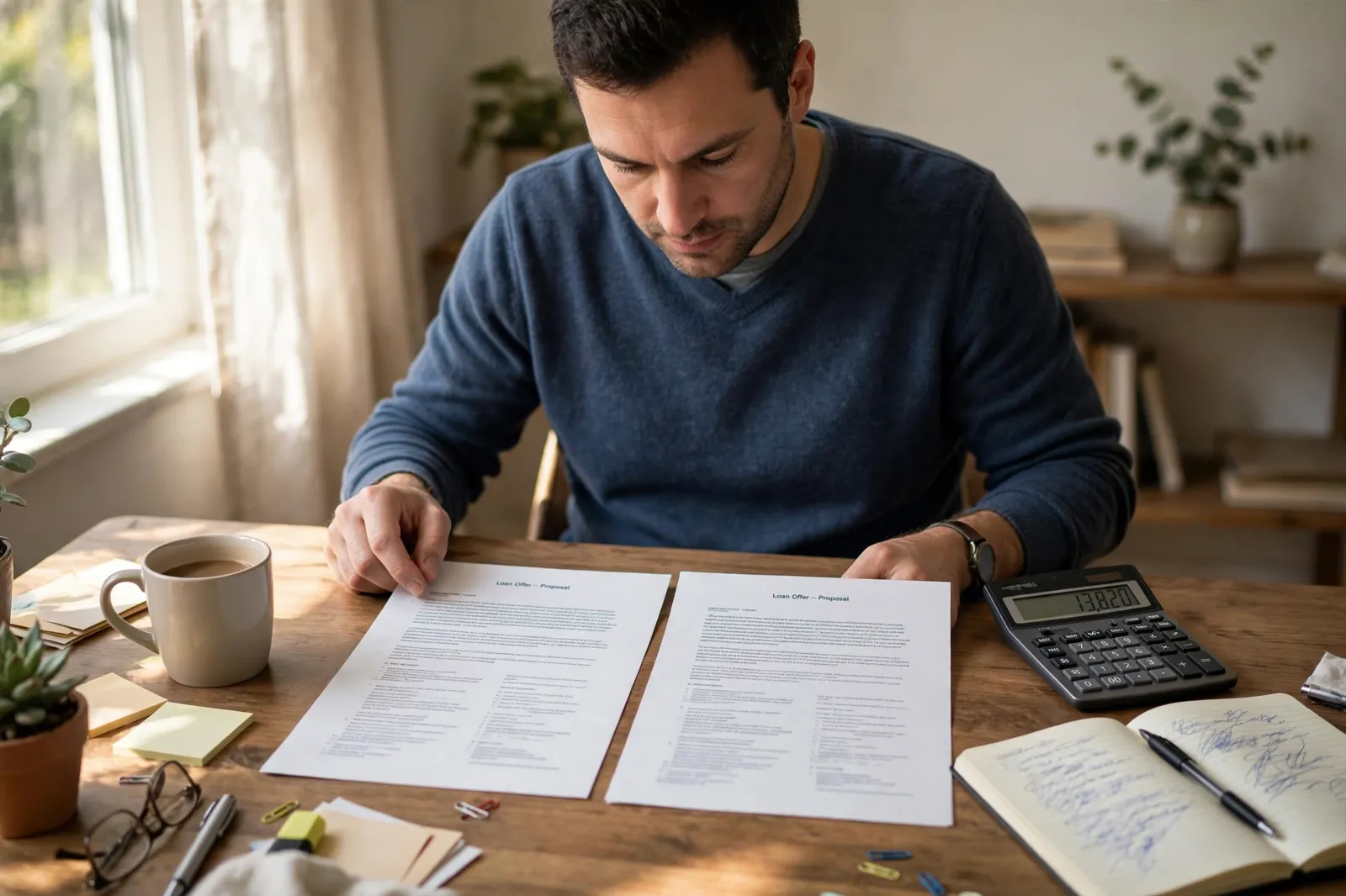 Comparing two printed home loan offers side by side with a calculator