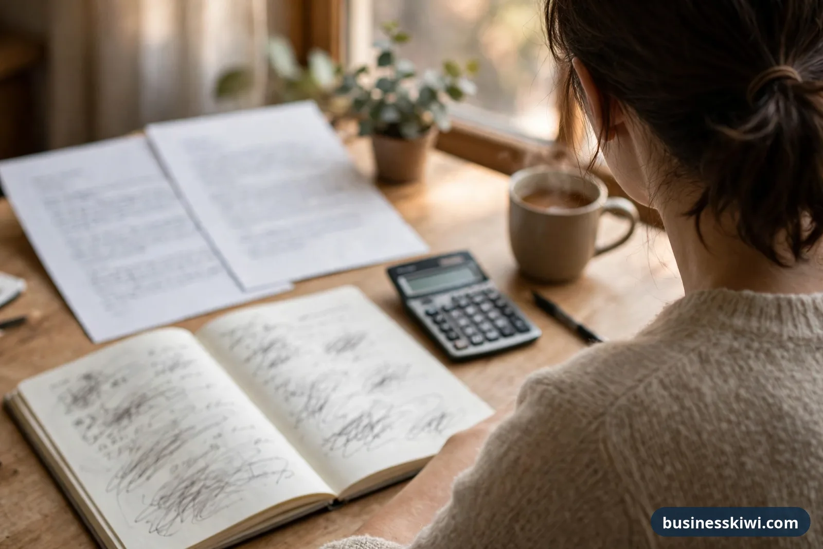 Homeowner comparing two printed home loan switch offers at a desk with a calculator and notebook businesskiwi.com