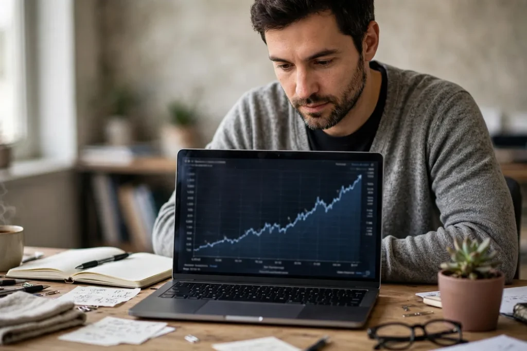 A man reviewing a compound growth chart on his laptop