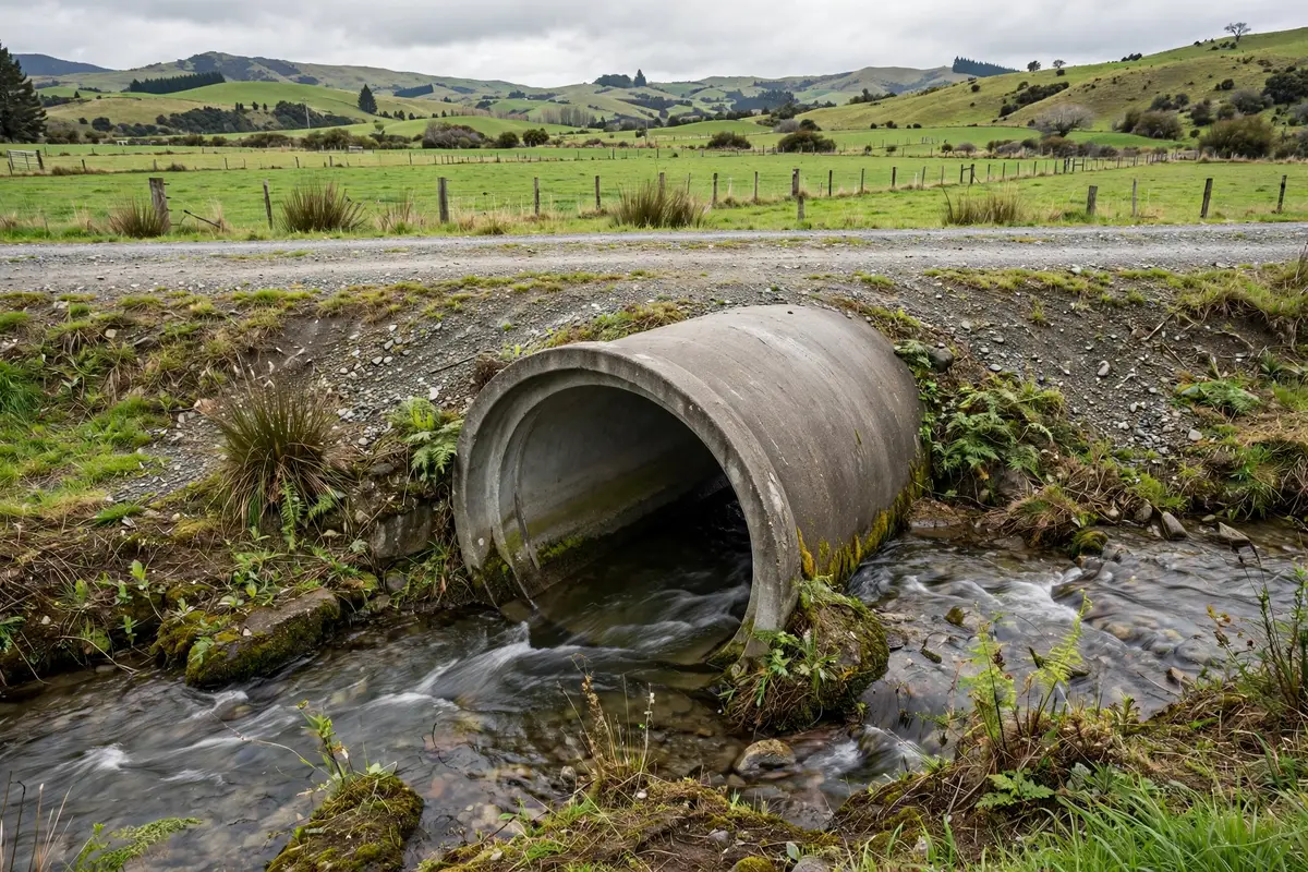 A concrete culvert pipe carrying a stream under a gravel farm road in New Zealand