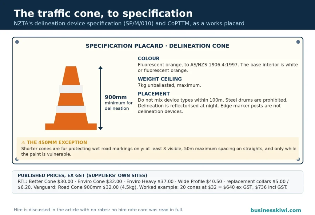 Specification placard for a delineation traffic cone: 900mm minimum height, fluorescent orange to AS/NZS 1906.4:1997, 7kg unballasted weight ceiling, the 450mm exception for wet road markings only, and published ex GST prices from RTL and Vanguard with the 20 cone worked example at $640 ex GST