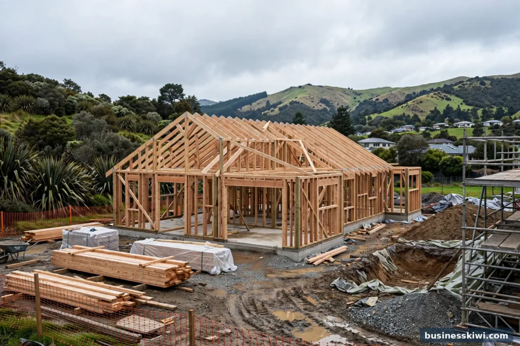 A house under construction at framing stage