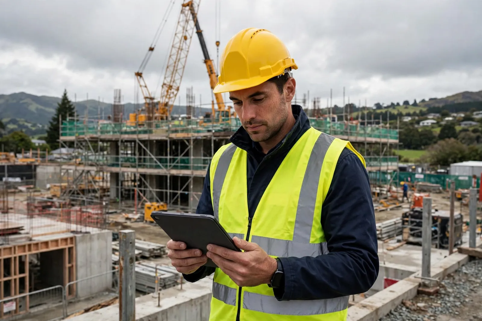 A construction manager with a tablet on a building site
