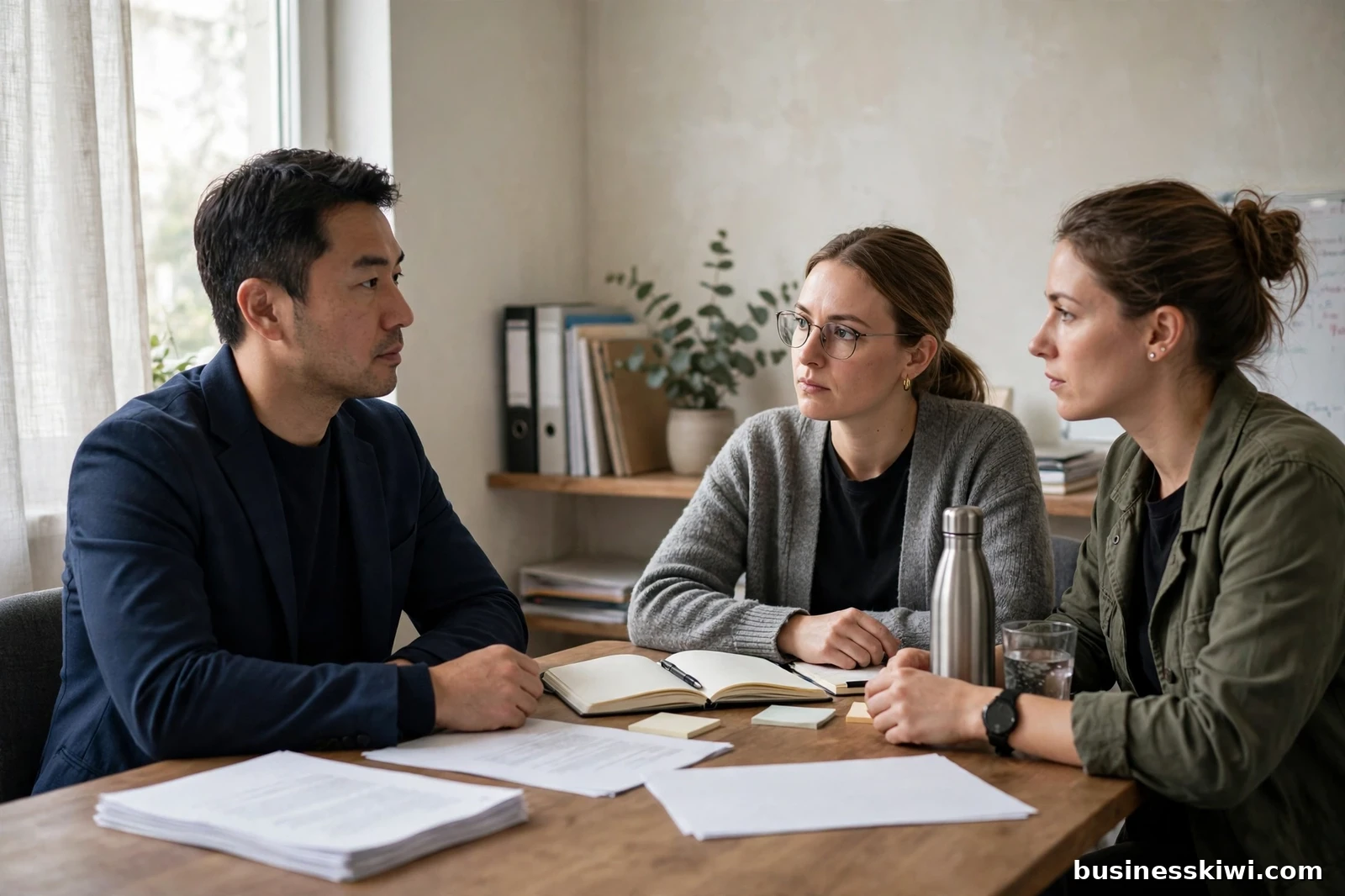 An employee with a support person in a consultation meeting with their manager, with proposal documents on the table