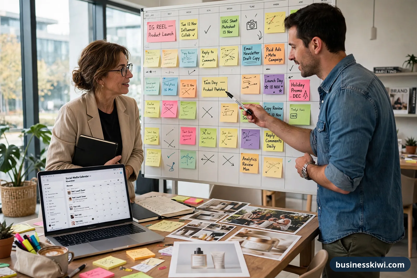 Two marketing colleagues planning a social media content calendar on a wall planner covered in sticky notes, businesskiwi.com