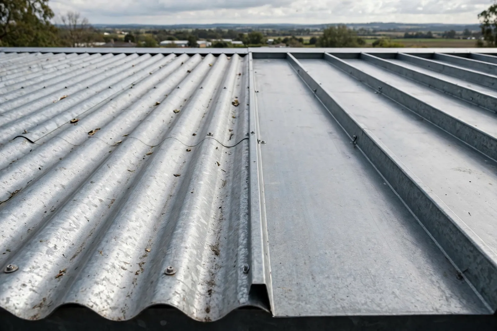 Corrugated and trapezoidal roofing profiles side by side