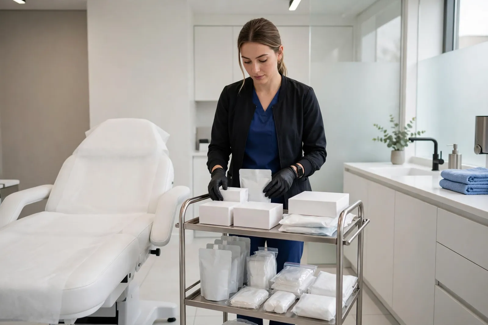 A cosmetic nurse preparing a treatment room in a clinic