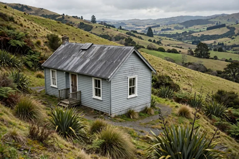A cottage with a corrugated iron roof on a hillside