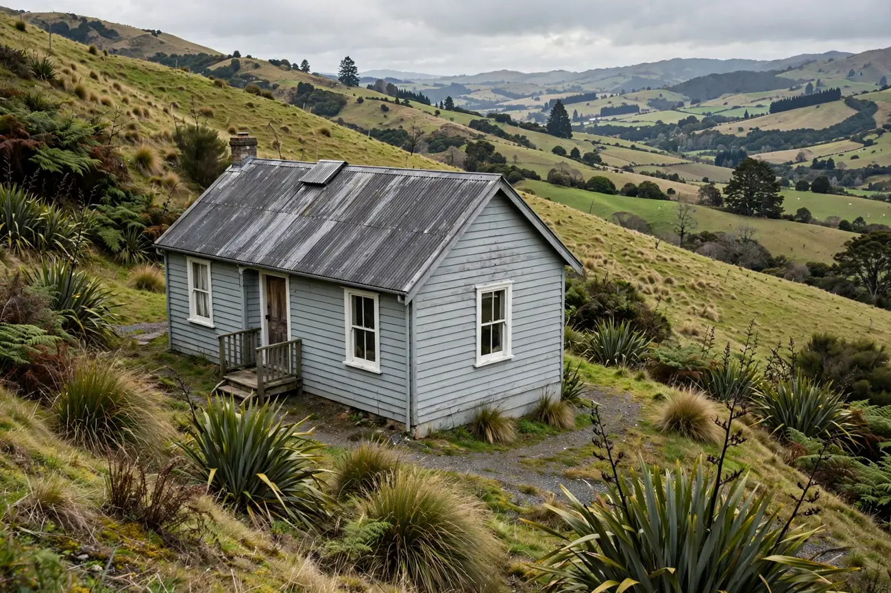 A cottage with a corrugated iron roof on a hillside