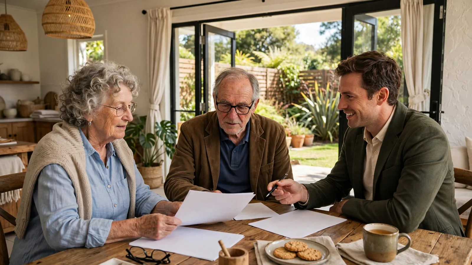 Retired couple reviewing documents with a financial adviser at home
