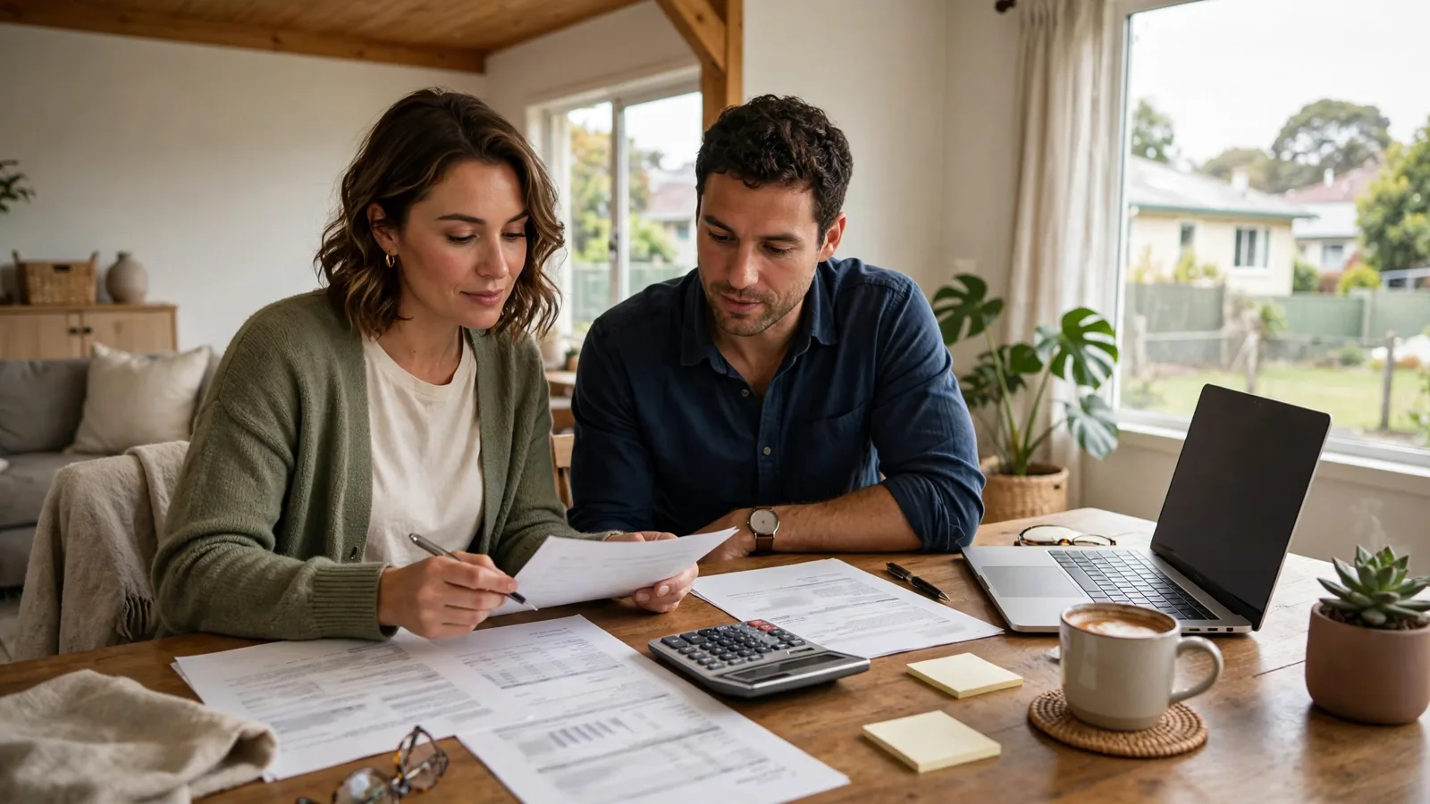 Couple comparing home loan documents at a table with a calculator