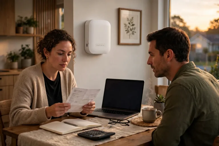 A couple comparing a power bill at their dining table with a laptop and calculator
