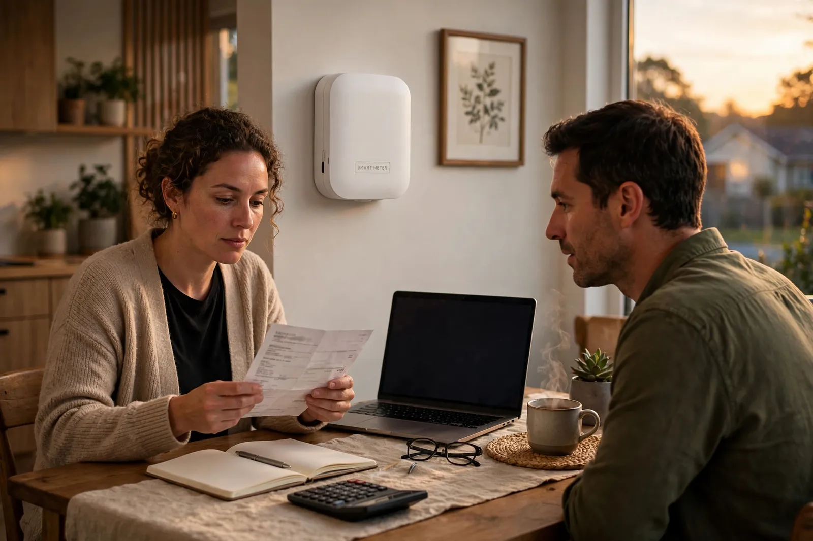 A couple comparing a power bill at their dining table with a laptop and calculator