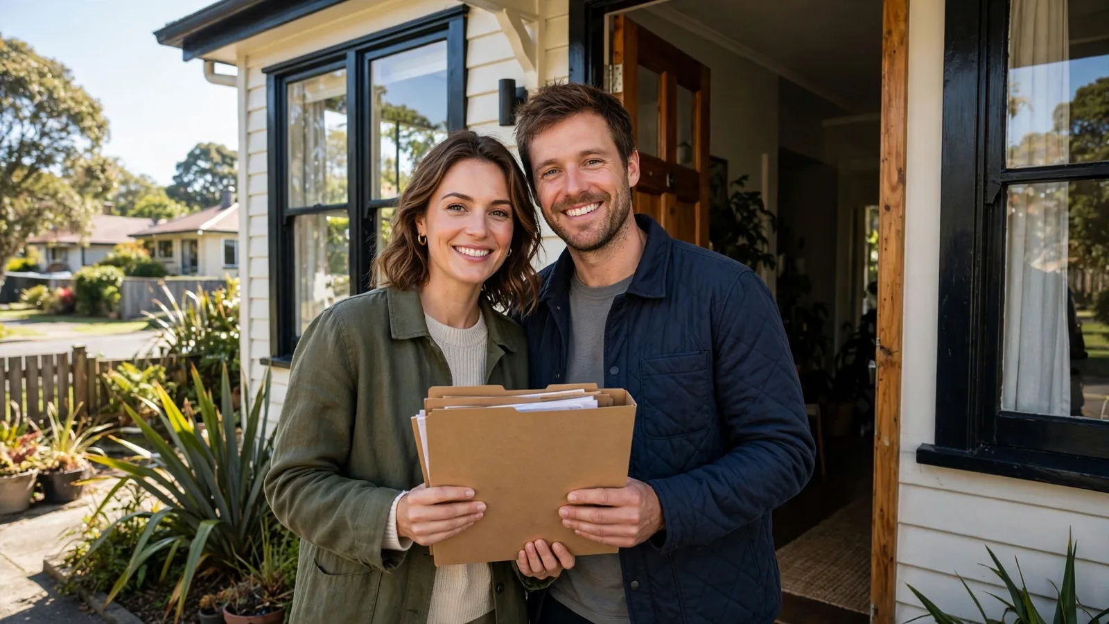 Couple holding a folder of application documents together in the doorway of their New Zealand home