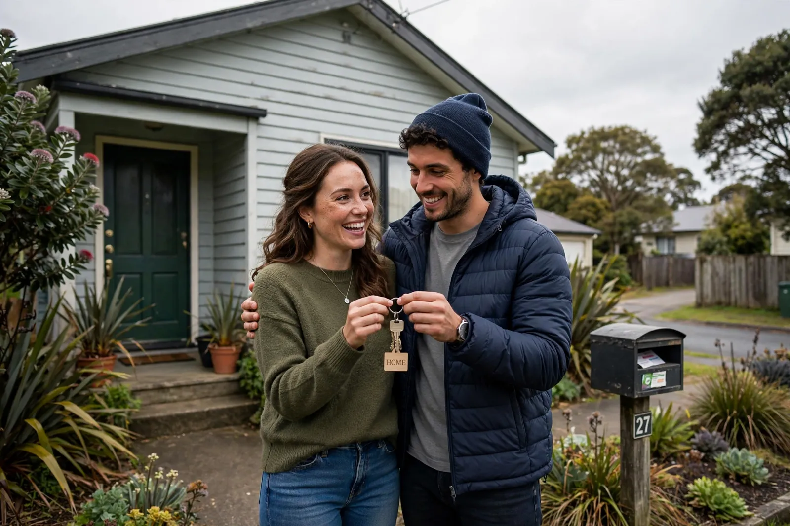 A couple holding the keys to their first home