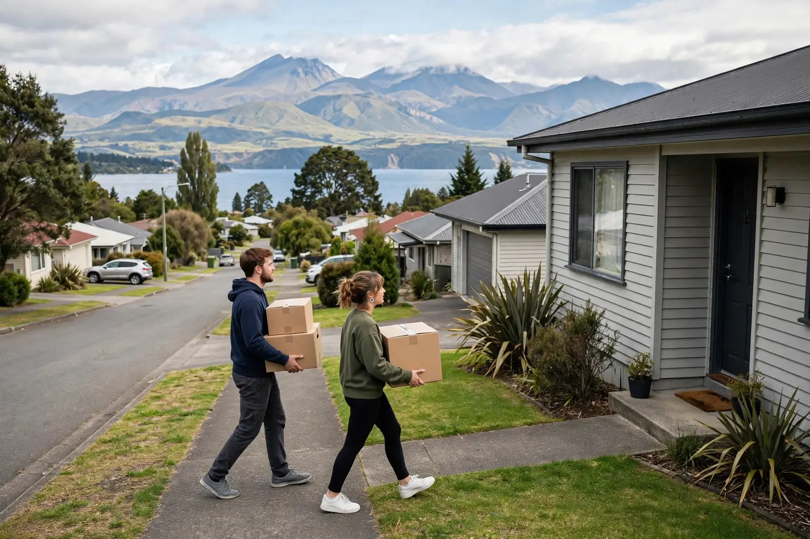 A couple carrying moving boxes into a rental home in Taupo with the lake and mountains behind