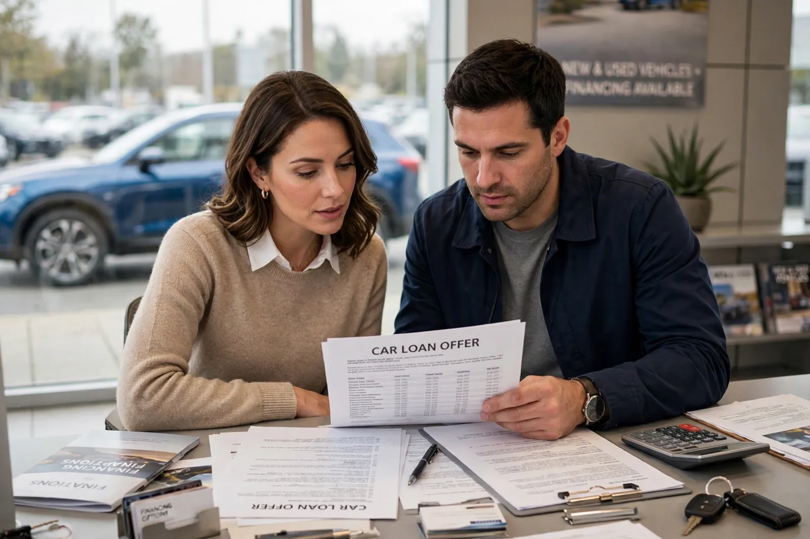 A couple reviewing a car loan offer at a dealership