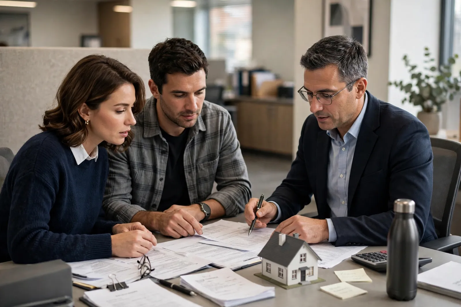 A couple reviewing home loan documents with an adviser