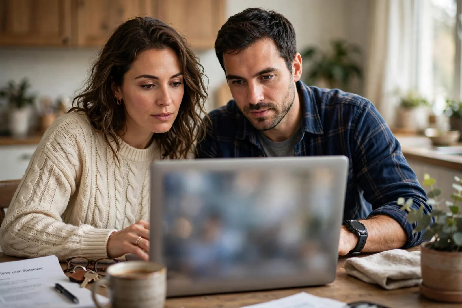 A couple reviewing their home loan balance on a laptop