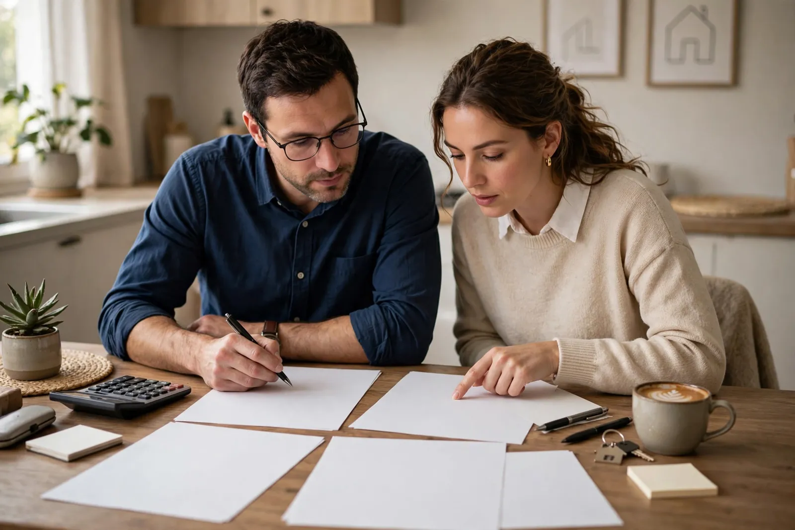 A couple reviewing home loan figures at a table