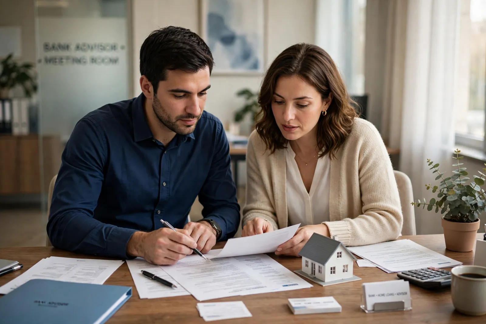 A couple reviewing home loan paperwork at a desk with a model house