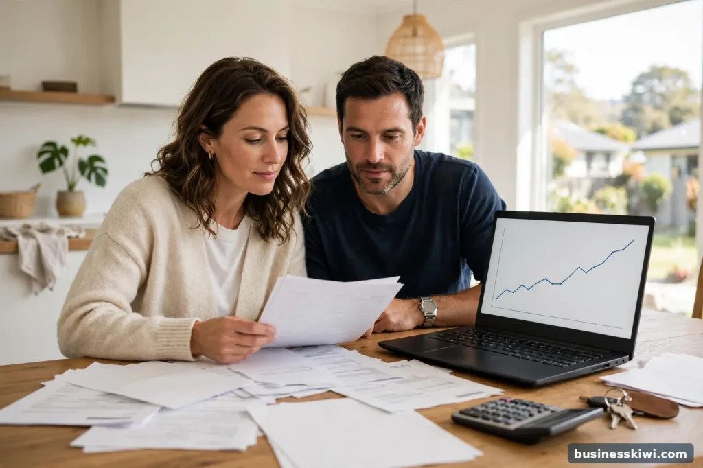 A couple reviewing mortgage documents and rate charts at home
