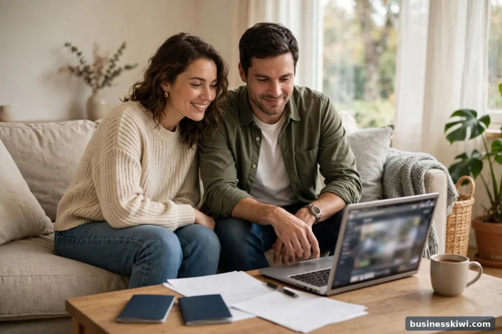 A couple reviewing partnership residence documents at home