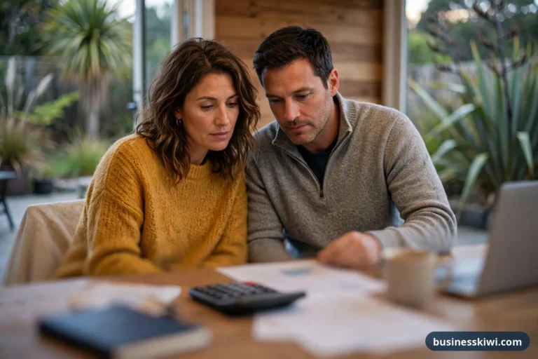 NZ couple reviewing a home loan switch offer and their current loan statement at the kitchen table businesskiwi.com