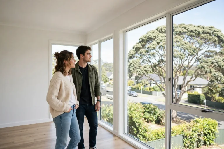 Couple viewing a bright Auckland rental home at an open home