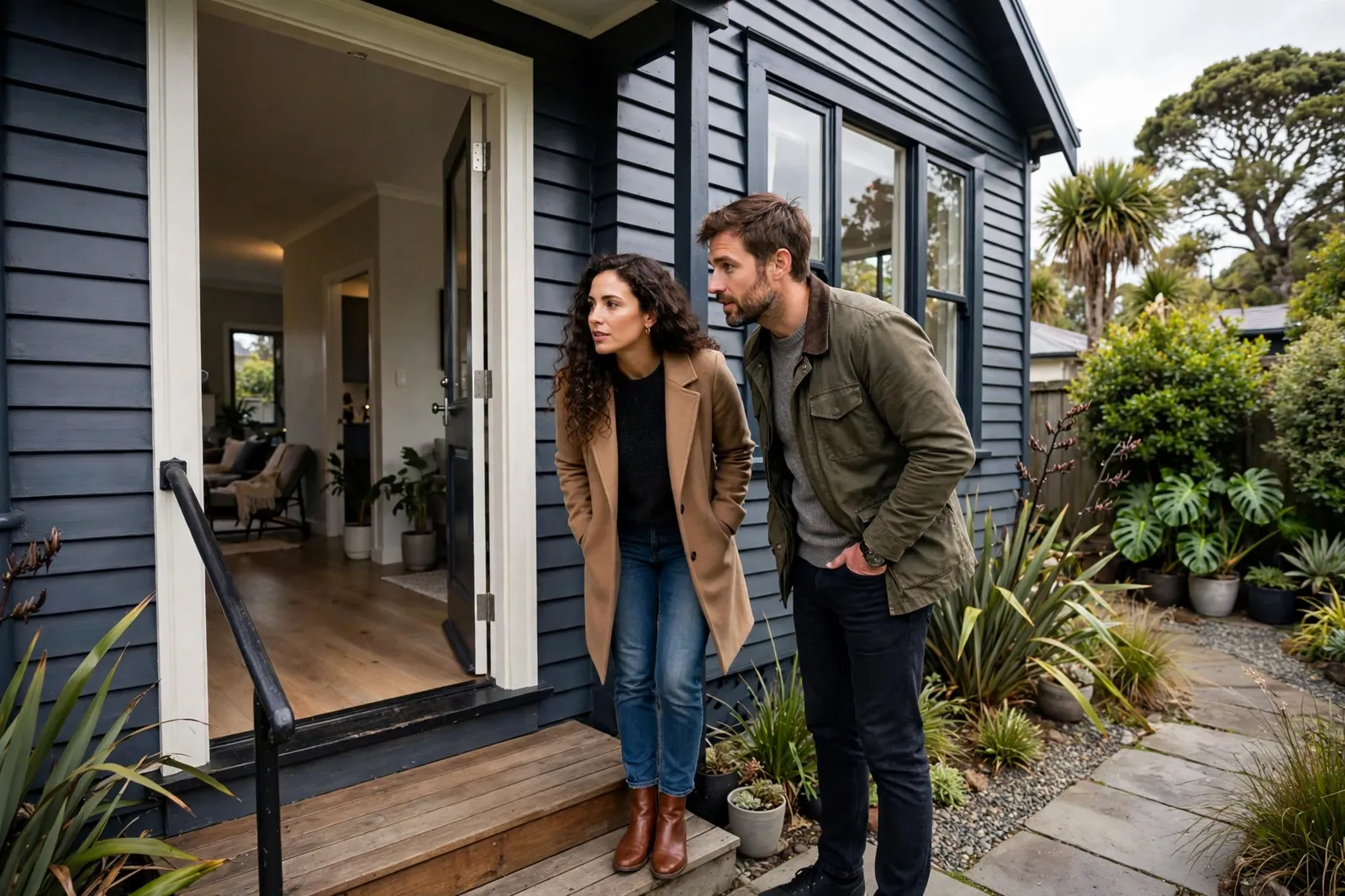 A couple viewing a house at an open home