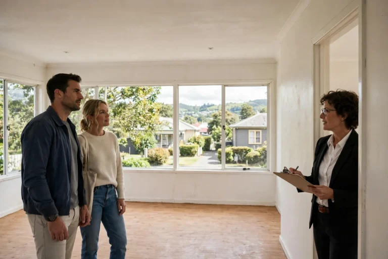 A couple viewing an empty rental home with a property manager holding a clipboard