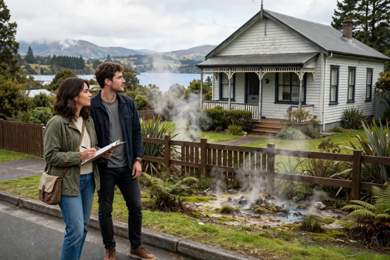 A couple with a clipboard viewing a weatherboard rental home in Rotorua with geothermal steam and the lake behind