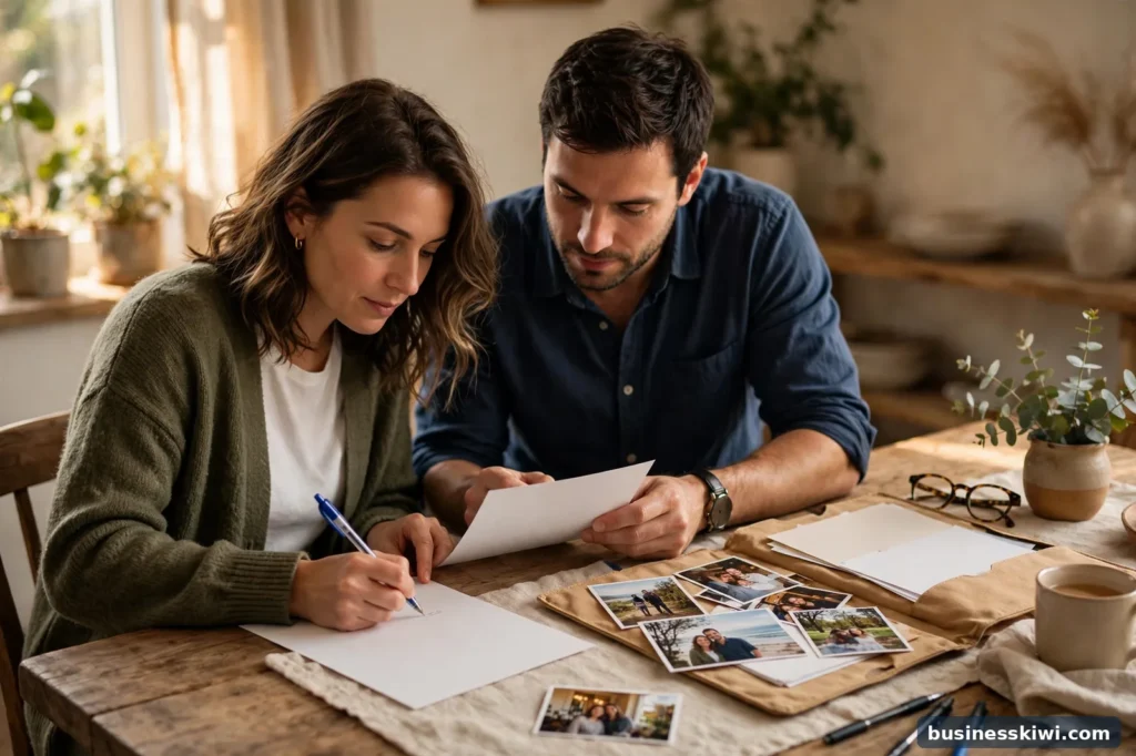 A couple writing a partnership support letter together at home