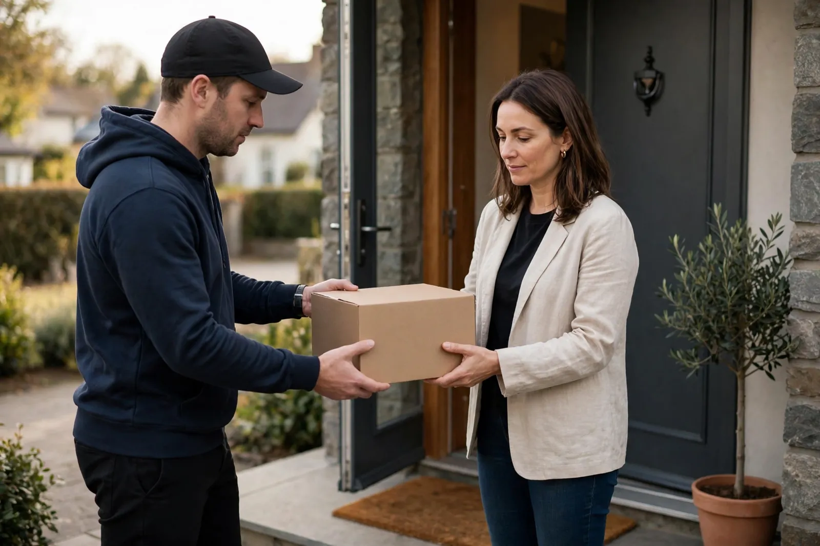 A courier handing over a parcel
