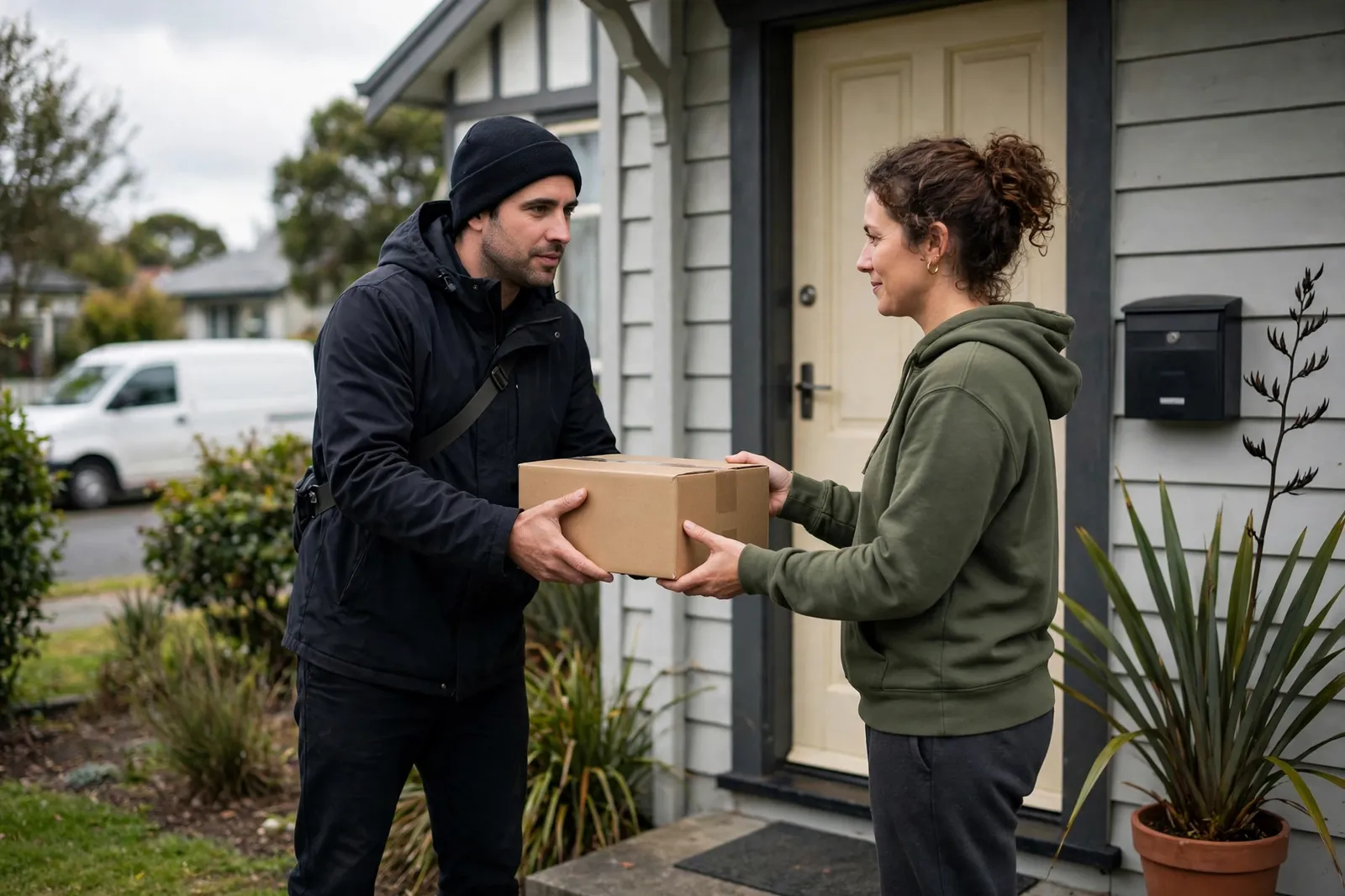 A courier handing a parcel to a customer at her front door