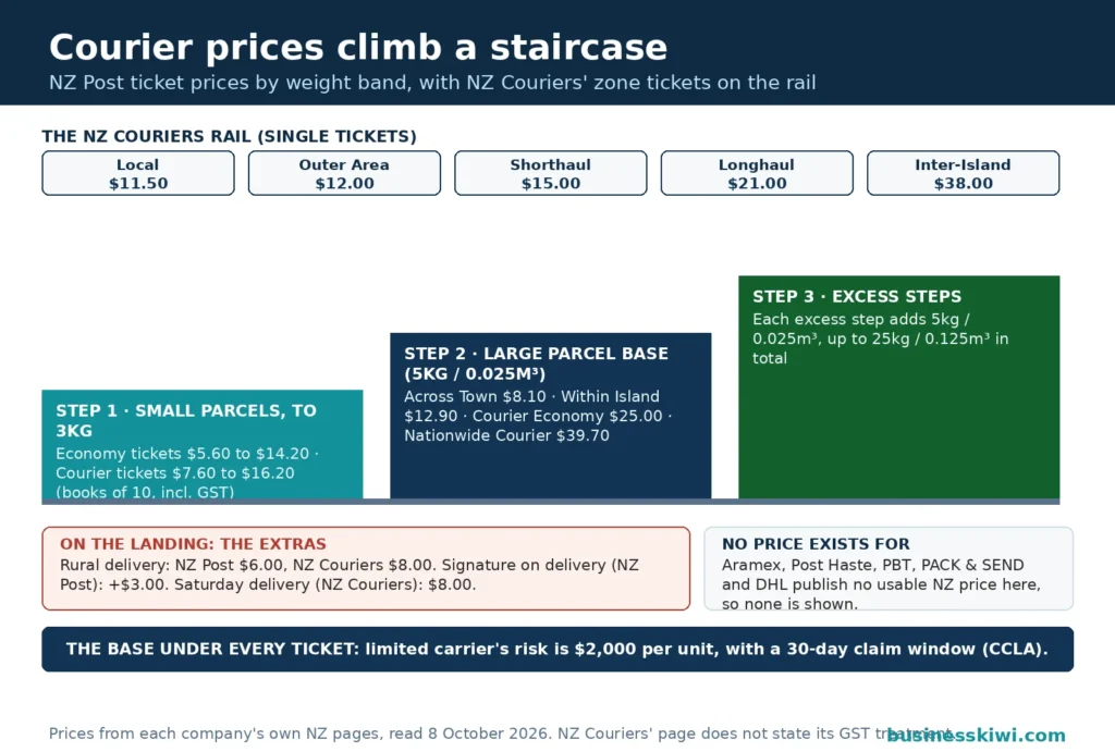Weight-band staircase of NZ Post courier ticket prices: small parcels to 3kg from $5.60, large parcel base at 5kg from $8.10, excess steps to 25kg, with NZ Couriers zone tickets from $11.50 local to $38 inter-island on the rail, extras for rural and Saturday delivery, and the $2,000 limited carrier's risk base