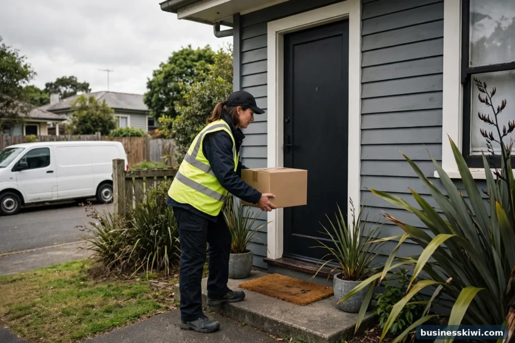 A courier delivering a parcel to a house door