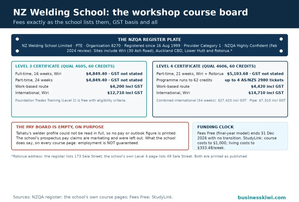 Workshop course board for NZ Welding School: the NZQA register plate showing organisation 8270, Category 1 and Highly Confident status, then the Level 3 and Level 4 certificate cards with the school's own fees and their GST basis exactly as listed, an empty pay board explaining why no pay figure is printed, and the Fees Free funding clock