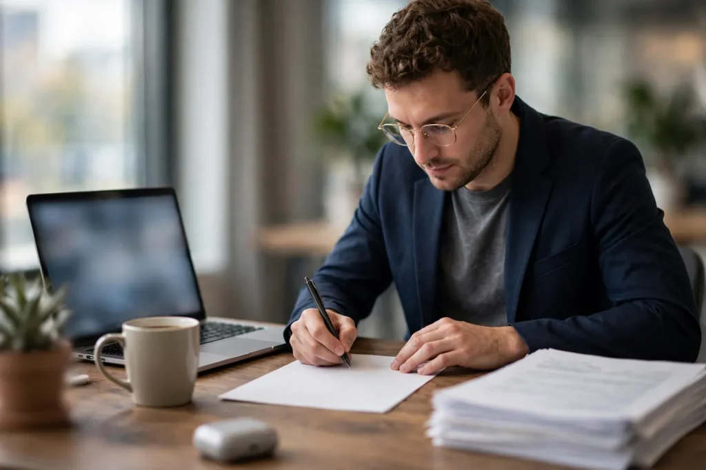 A job seeker drafting a cover letter at his desk