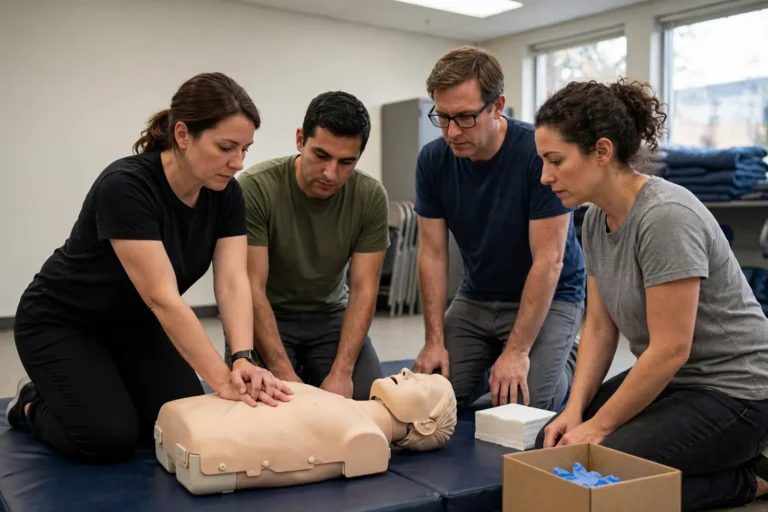 A CPR training class with a practice manikin