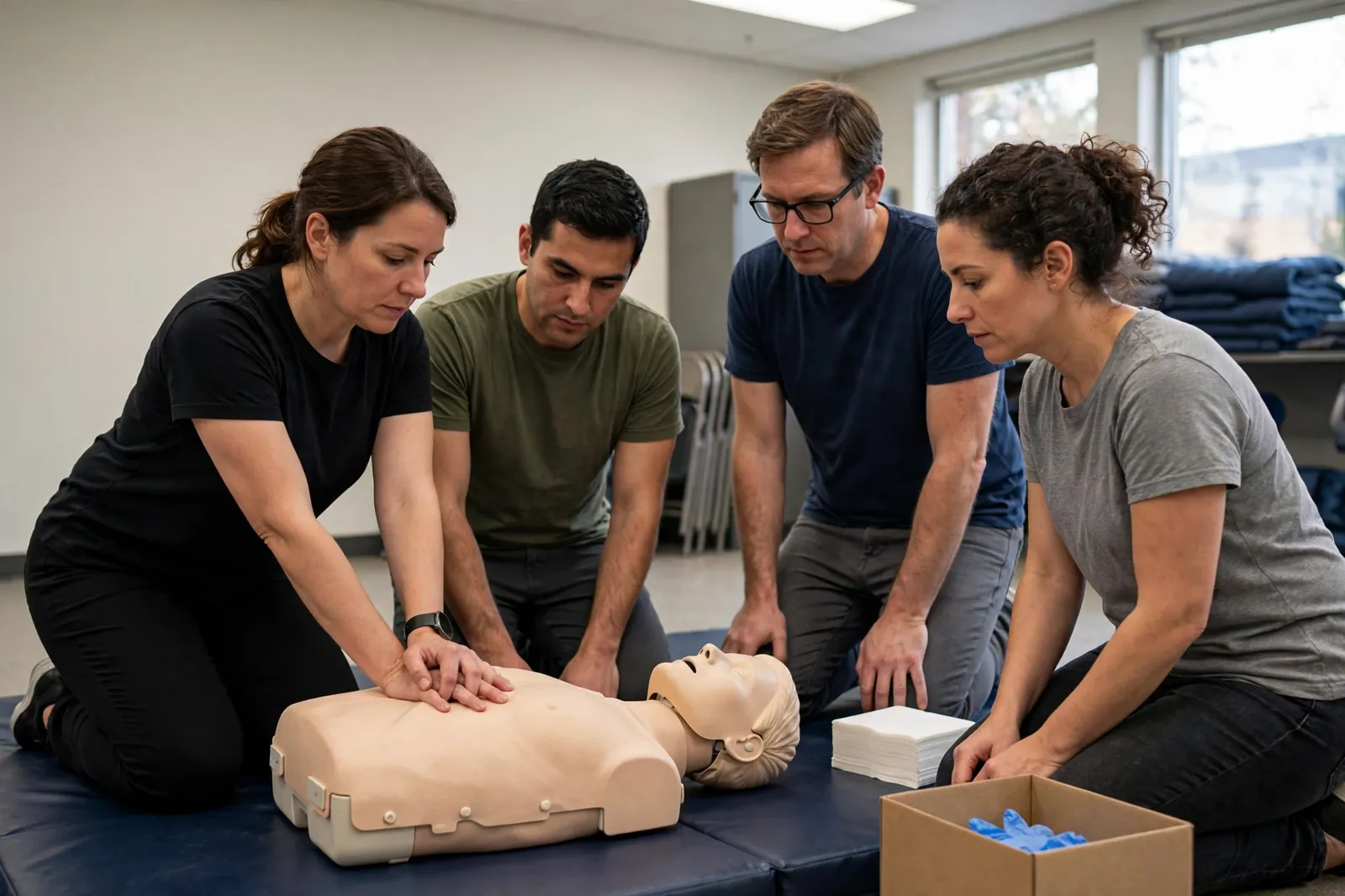 A CPR training class with a practice manikin