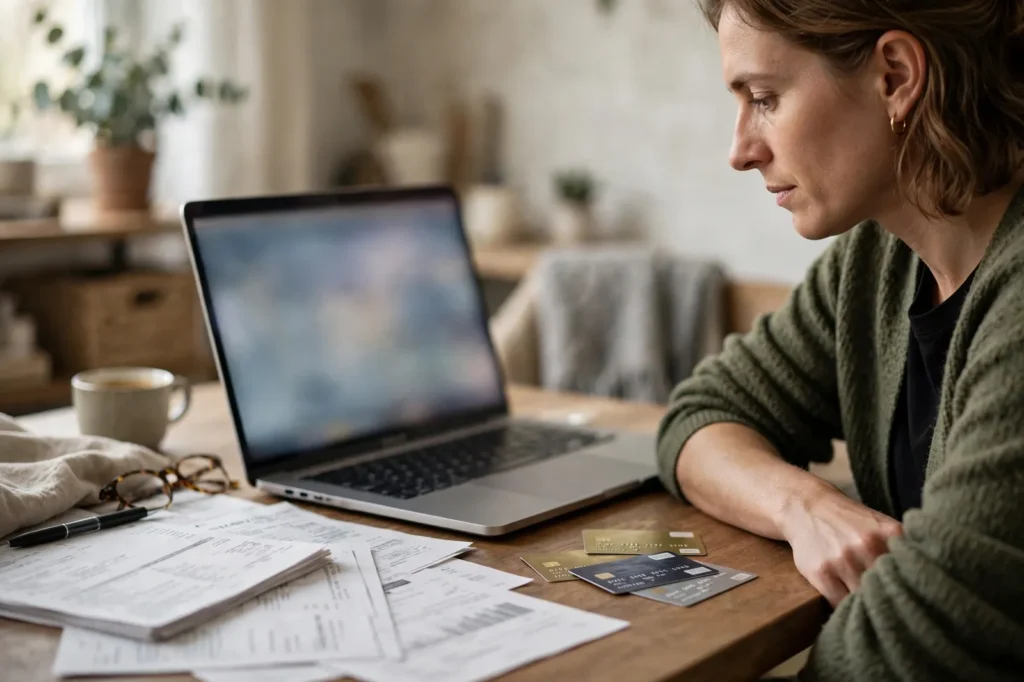 A woman checking her credit report on a laptop