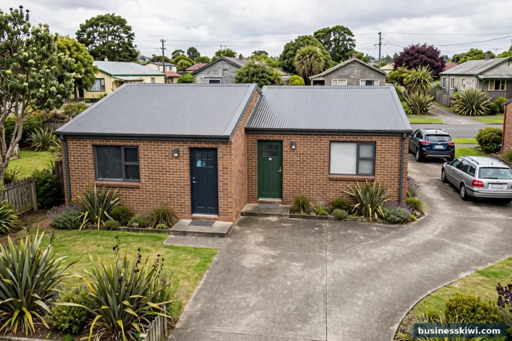 Two attached brick flats sharing one section and driveway, a typical cross lease property