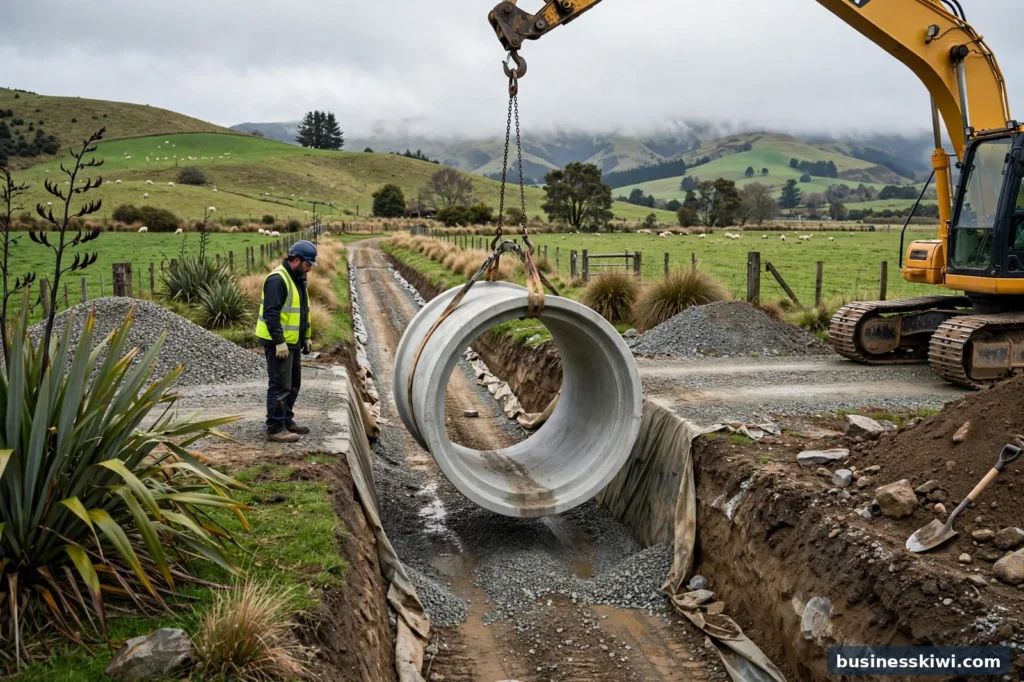 A concrete culvert pipe being installed under a farm crossing